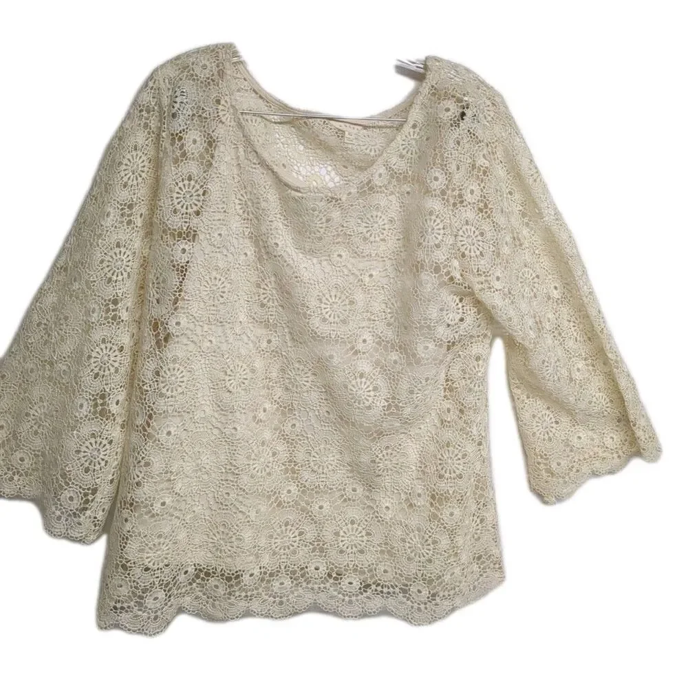 Crochet Top Women Large Layer 3/4 Sleeves Elegant Blouse / Tank Cream L